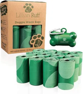 Lillian Ruff Doggie Bags for Poop - 12 Rolls of 13 x 9 Inch Extra Thick Leak Proof Unscented Dog Poop Bags - 15 Waste Bags Per Roll Total of 180 Easy to Open Doggy Bags
