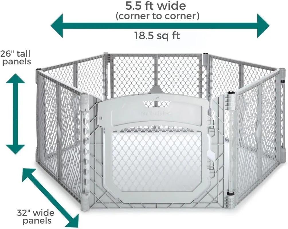 MyPet North States Petyard Plus: 5.5 Ft. Wide Folding Dog Playpen Indoor or Outdoor. 6-Panel Freestanding Play Pen Dog Gate Made in USA. 26" Tall, Light Gray
