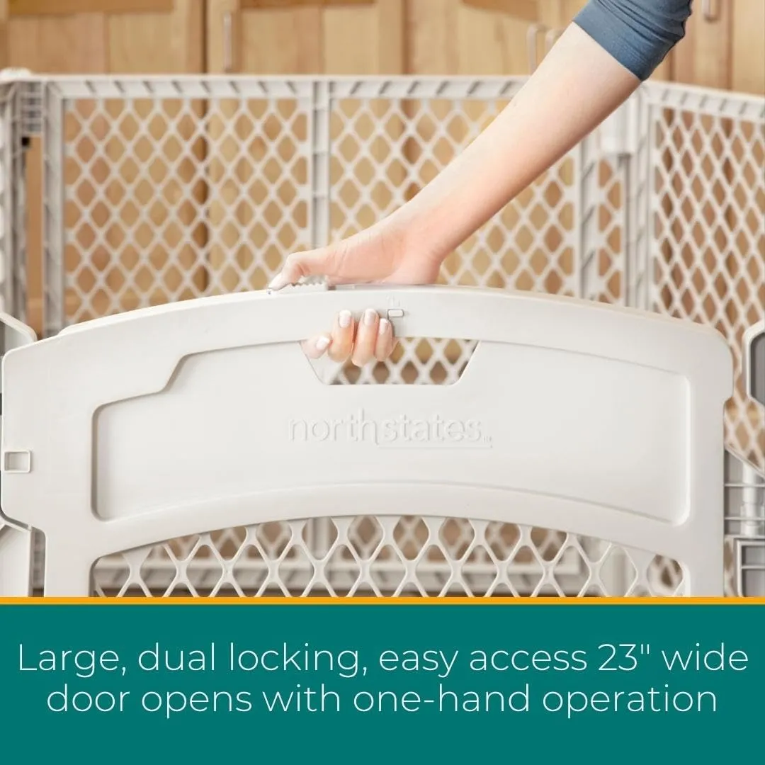 MyPet North States Petyard Plus: 5.5 Ft. Wide Folding Dog Playpen Indoor or Outdoor. 6-Panel Freestanding Play Pen Dog Gate Made in USA. 26" Tall, Light Gray