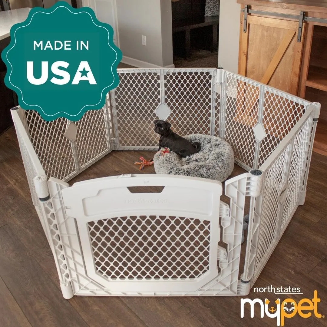 MyPet North States Petyard Plus: 5.5 Ft. Wide Folding Dog Playpen Indoor or Outdoor. 6-Panel Freestanding Play Pen Dog Gate Made in USA. 26" Tall, Light Gray