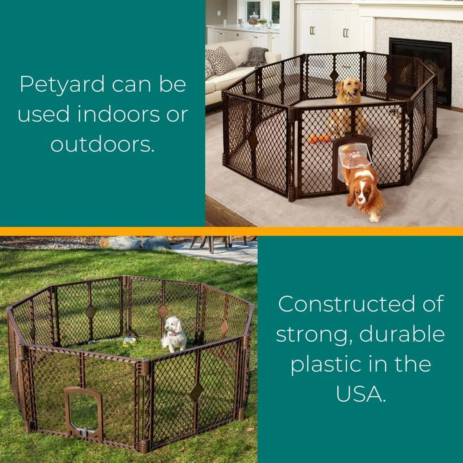 North States MyPet Petyard Passage: 6.5 Ft. Wide Customizable Folding Dog Playpen Indoor/Outdoor. Made in USA. 8-panel Puppy Playpen, Lockable Pet Door. Freestanding Play Pen Dog Gate 26" Tall, Brown