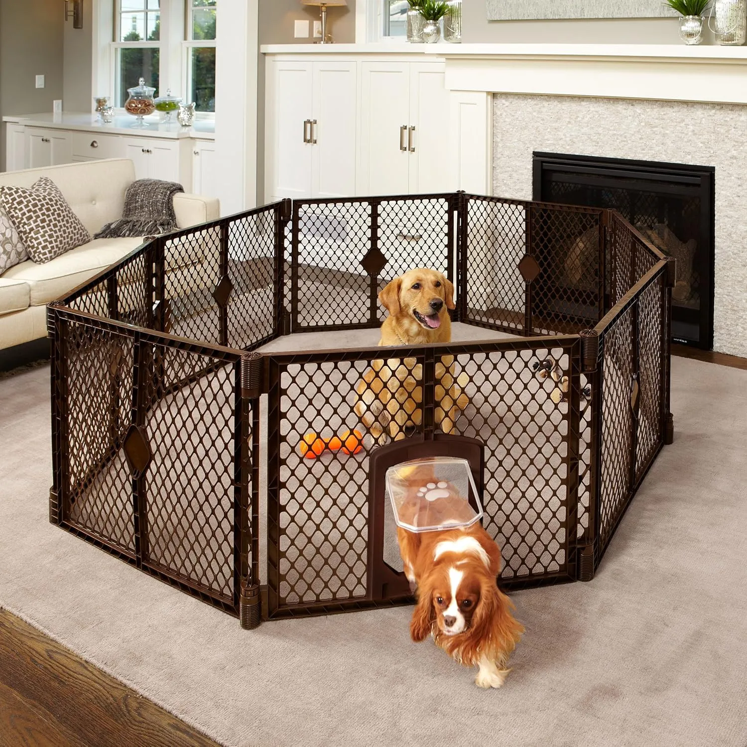 North States MyPet Petyard Passage: 6.5 Ft. Wide Customizable Folding Dog Playpen Indoor/Outdoor. Made in USA. 8-panel Puppy Playpen, Lockable Pet Door. Freestanding Play Pen Dog Gate 26" Tall, Brown
