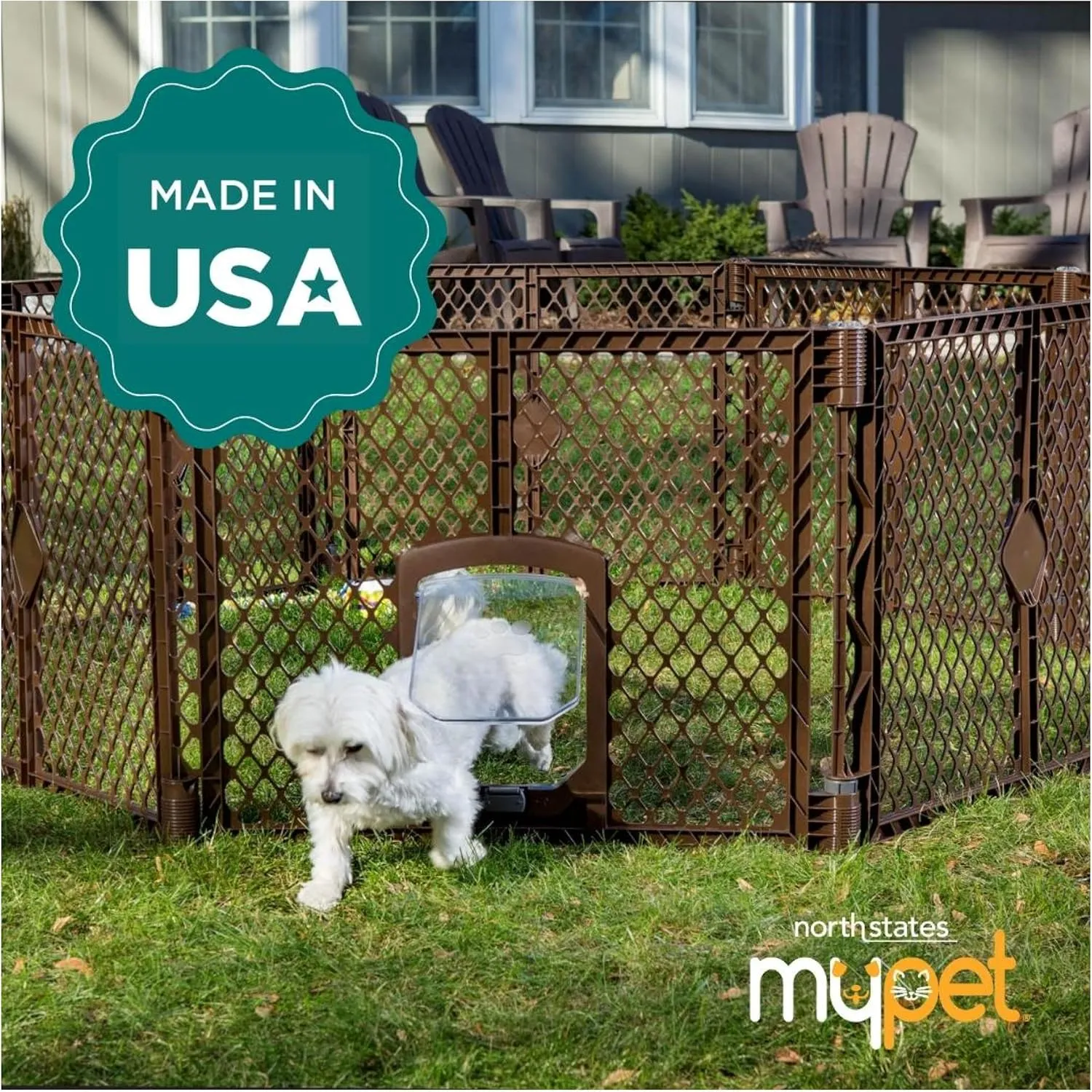 North States MyPet Petyard Passage: 6.5 Ft. Wide Customizable Folding Dog Playpen Indoor/Outdoor. Made in USA. 8-panel Puppy Playpen, Lockable Pet Door. Freestanding Play Pen Dog Gate 26" Tall, Brown