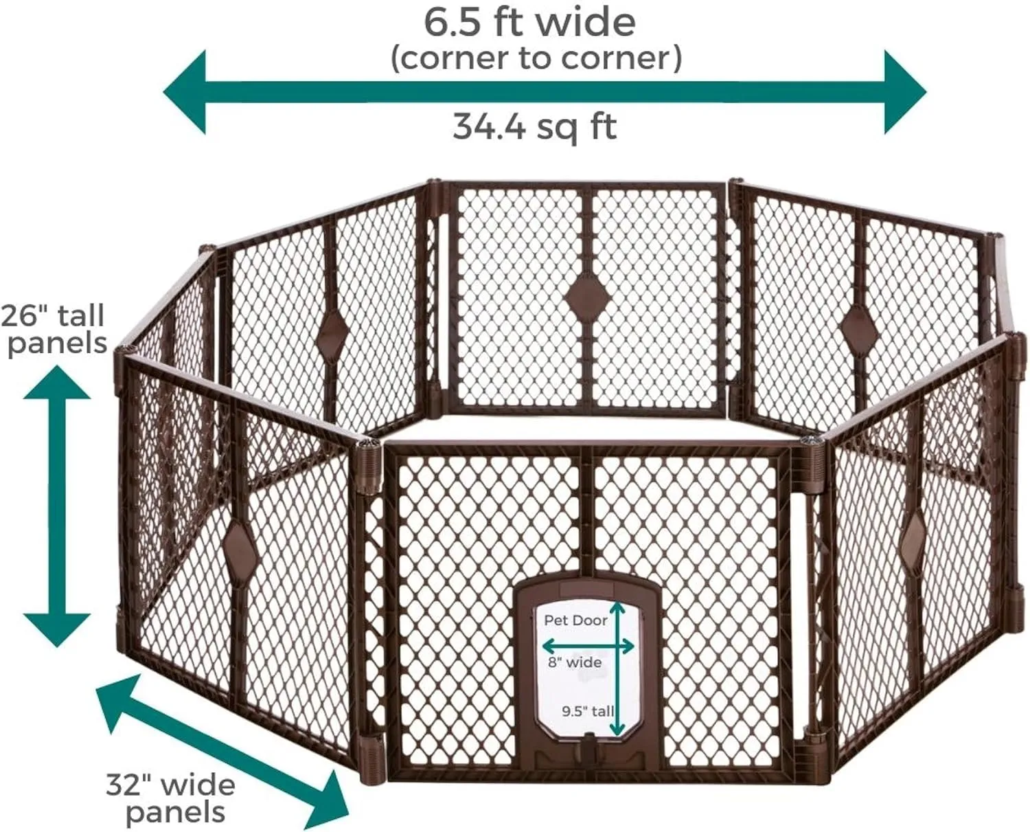 North States MyPet Petyard Passage: 6.5 Ft. Wide Customizable Folding Dog Playpen Indoor/Outdoor. Made in USA. 8-panel Puppy Playpen, Lockable Pet Door. Freestanding Play Pen Dog Gate 26" Tall, Brown