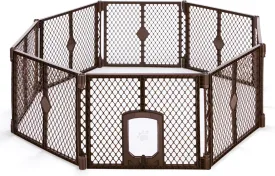 North States MyPet Petyard Passage: 6.5 Ft. Wide Customizable Folding Dog Playpen Indoor/Outdoor. Made in USA. 8-panel Puppy Playpen, Lockable Pet Door. Freestanding Play Pen Dog Gate 26" Tall, Brown
