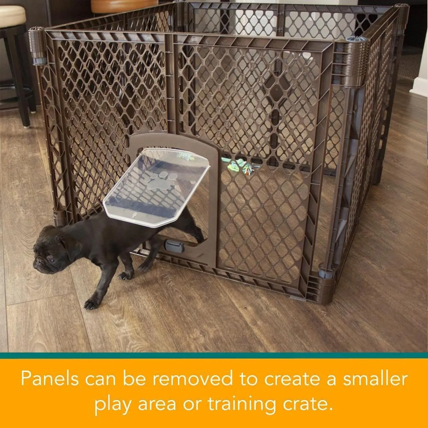 North States MyPet Petyard Passage: 6.5 Ft. Wide Customizable Folding Dog Playpen Indoor/Outdoor. Made in USA. 8-panel Puppy Playpen, Lockable Pet Door. Freestanding Play Pen Dog Gate 26" Tall, Brown