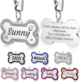 Personalized Dog Tags Stainless Steel Pet ID Tags with Glittery Bone Design, Up to 5 Lines of Custom Text Engraved on Both Sides Custom Dog Name Tag Engraved for Pets Dog Puppy Cat(Small, Sliver)