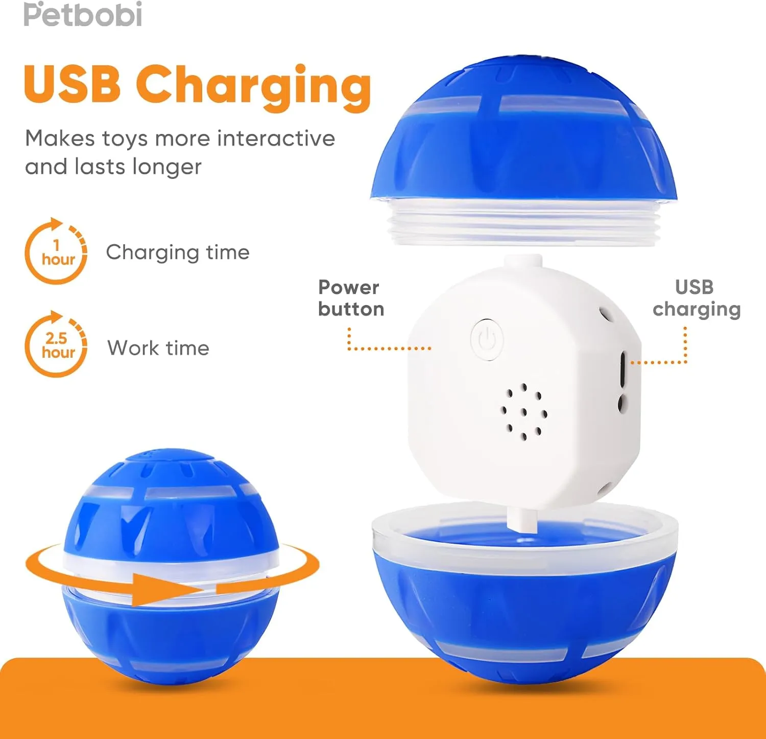 Petbobi Active Rolling Ball for Dogs - 2025 New Upgrade 2 Modes Interactive Dog Toys, USB Rechargeable Motion Activated Self Moving, Durable Pet Ball for Small Medium Large Breeds, LED Light, Blue