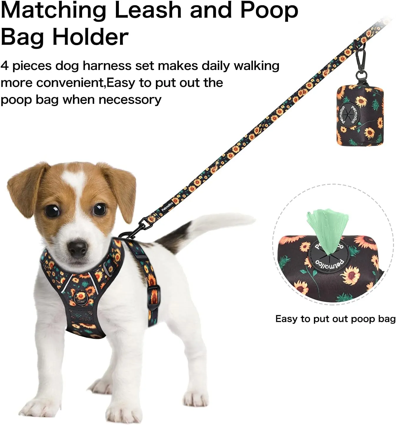 Petmolico No Pull Dog Harness Set with Leash Attachment Easy Control Handle Reflective Harness Vest Small Breed, Puppy Vest and Leash Set with Poop Bag Holder, Small - Sunflower