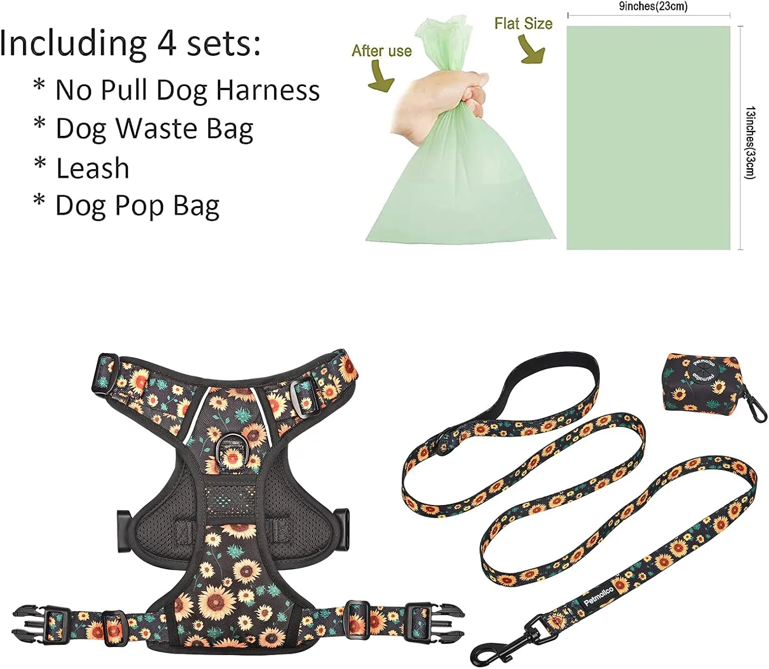 Petmolico No Pull Dog Harness Set with Leash Attachment Easy Control Handle Reflective Harness Vest Small Breed, Puppy Vest and Leash Set with Poop Bag Holder, Small - Sunflower
