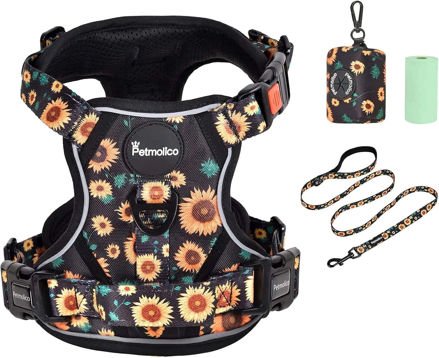 Petmolico No Pull Dog Harness Set with Leash Attachment Easy Control Handle Reflective Harness Vest Small Breed, Puppy Vest and Leash Set with Poop Bag Holder, Small - Sunflower