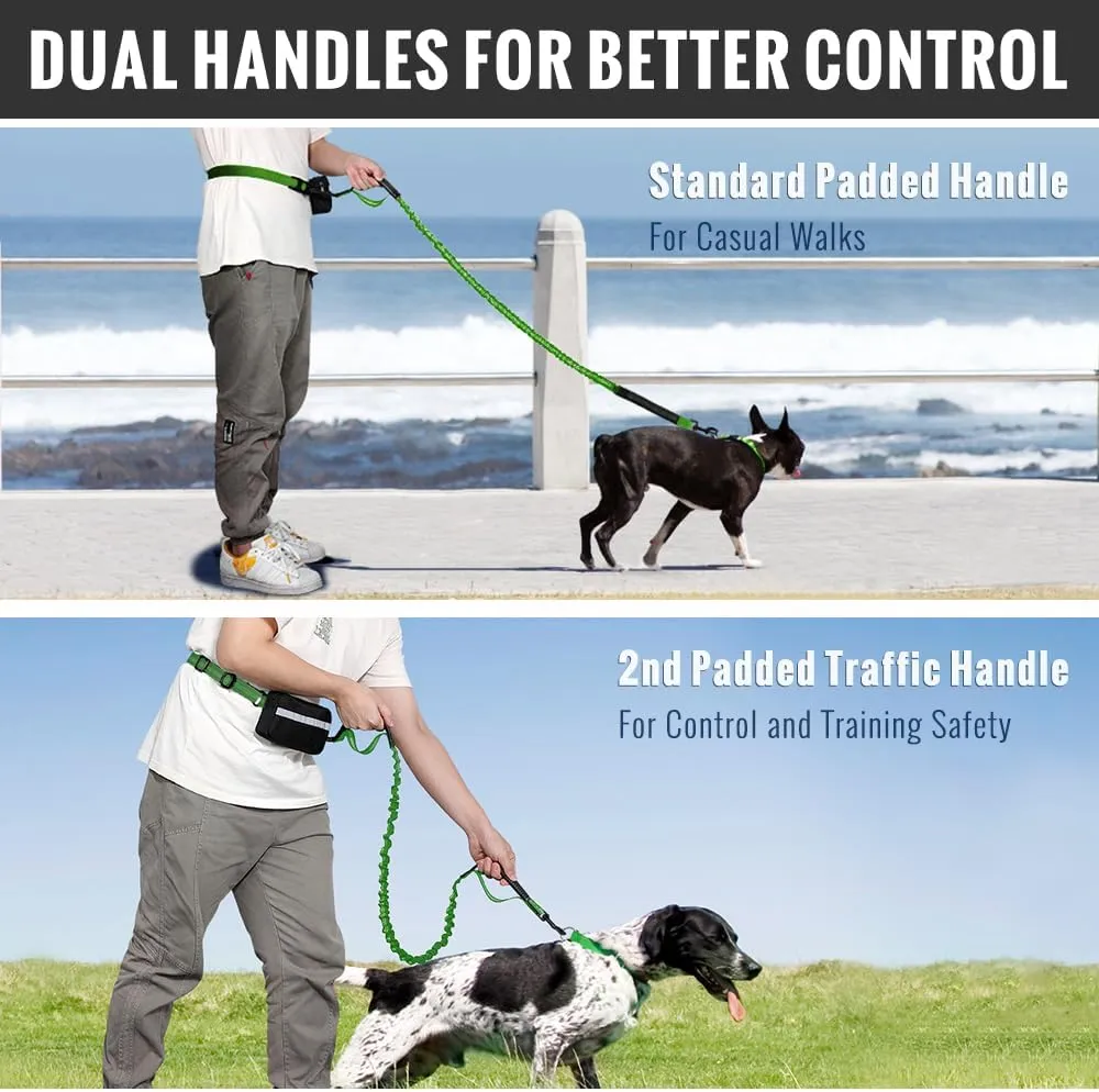 Plutus Pet Hands Free Dog Leash - Soft Padded Dual Handle Retractable Bungee With Reflective Stitches, Adjustable Waist for Walking Running Jogging - Medium Large Dogs