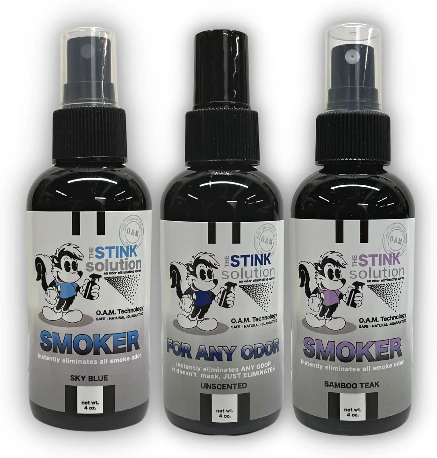 Smoke Odor Eliminator Spray - Completely Remove Smoke Smell From House, Car, Clothes, Hair, & More - Best Odor Eliminator For Smoke - Bamboo Teak, Sky Blue, & Unscented 4 oz Bottles