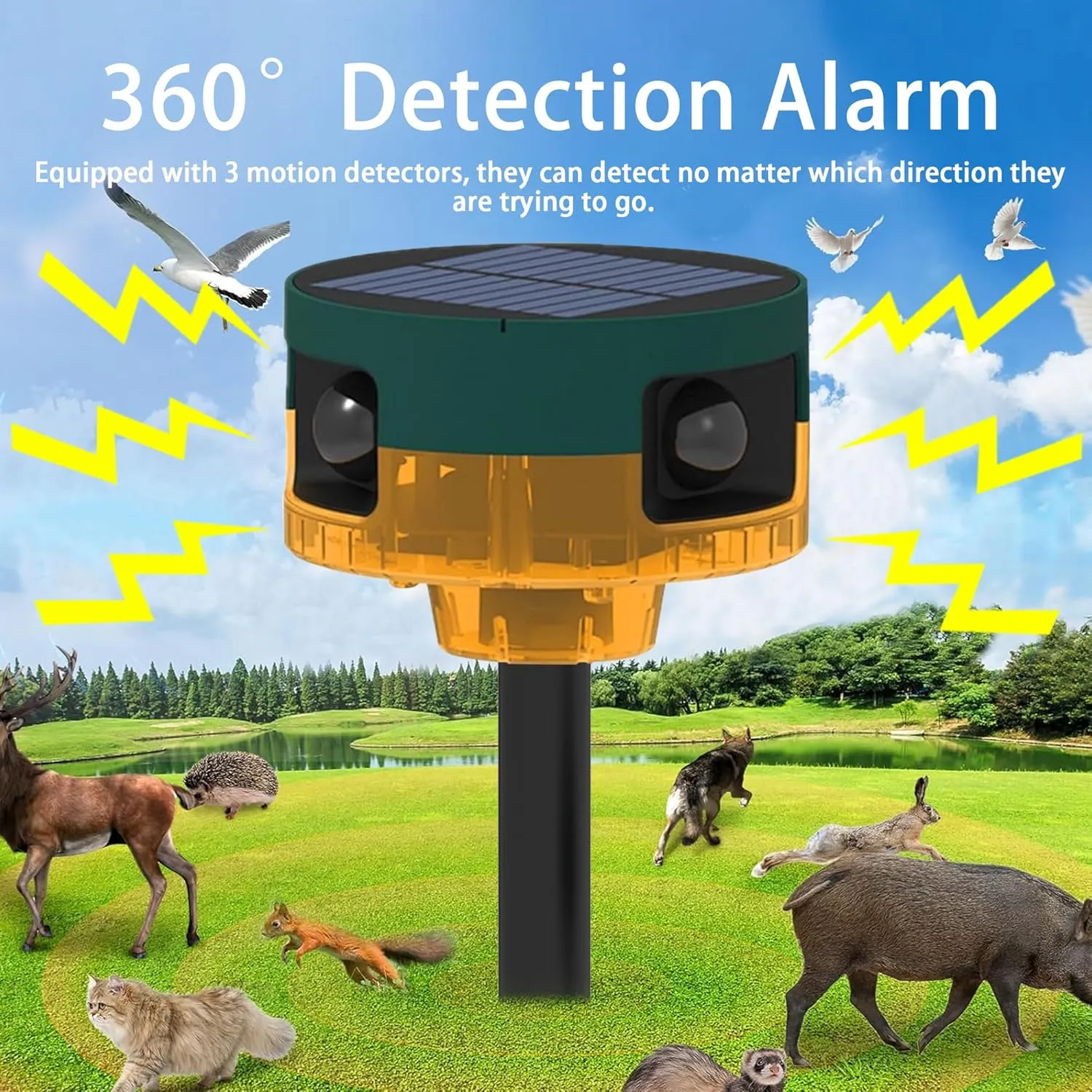 Solar Outdoor Motion Sensor Alarm: Dog Barking&Gunshot Sound, 129db Loud Siren,Support Recording, 13 Kinds of Sound Strobe Light
