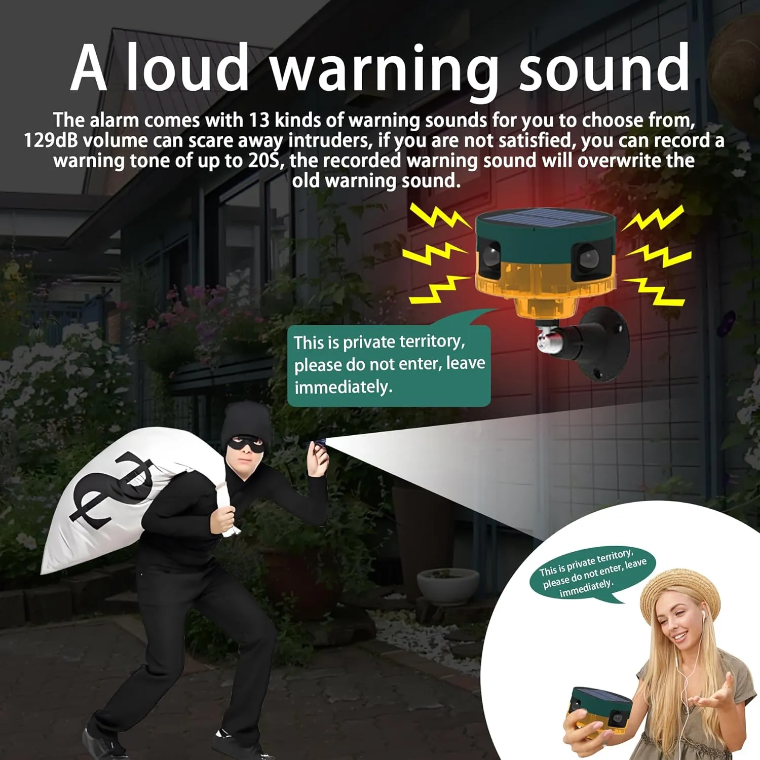 Solar Outdoor Motion Sensor Alarm: Dog Barking&Gunshot Sound, 129db Loud Siren,Support Recording, 13 Kinds of Sound Strobe Light