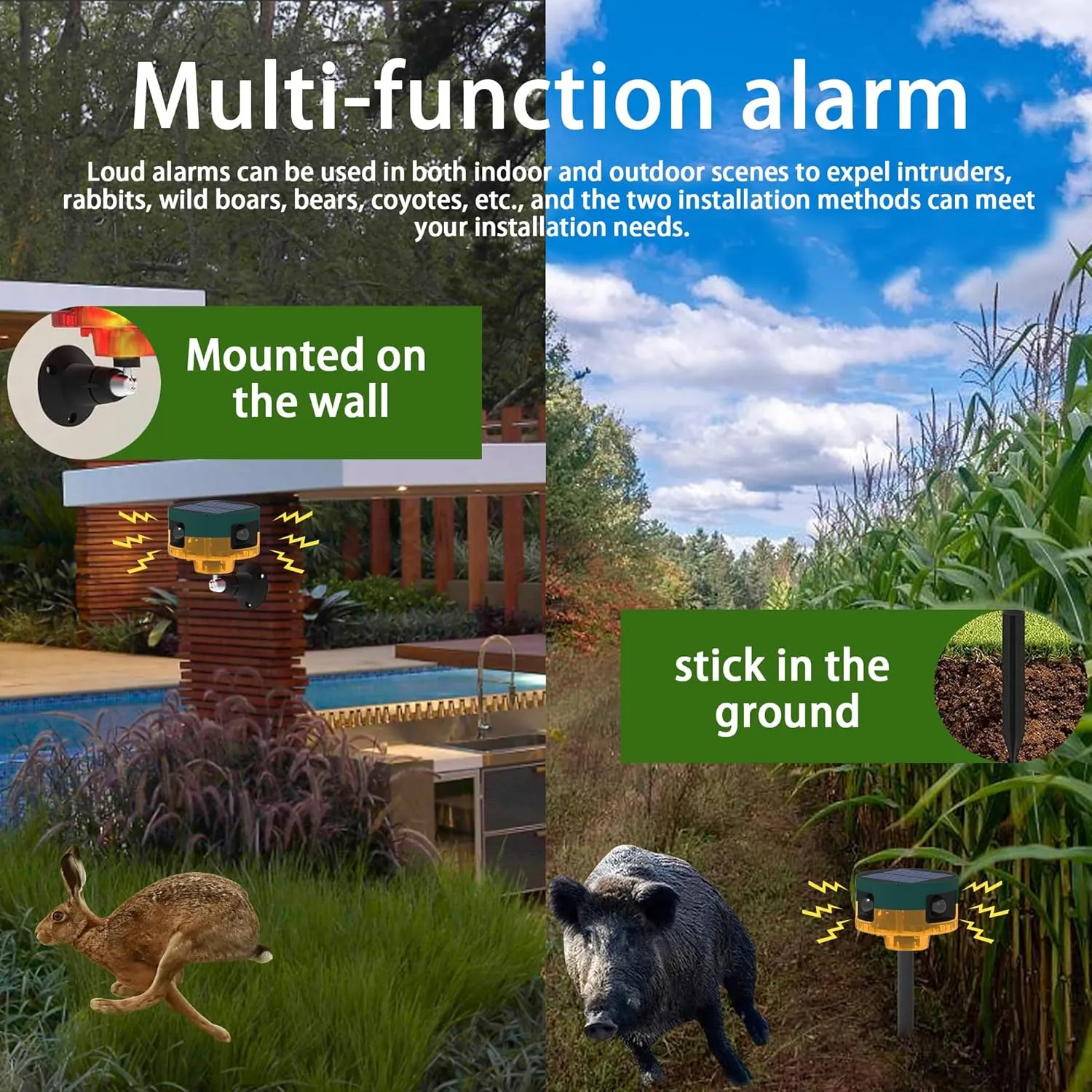 Solar Outdoor Motion Sensor Alarm: Dog Barking&Gunshot Sound, 129db Loud Siren,Support Recording, 13 Kinds of Sound Strobe Light