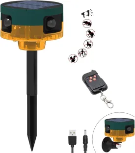 Solar Outdoor Motion Sensor Alarm: Dog Barking&Gunshot Sound, 129db Loud Siren,Support Recording, 13 Kinds of Sound Strobe Light