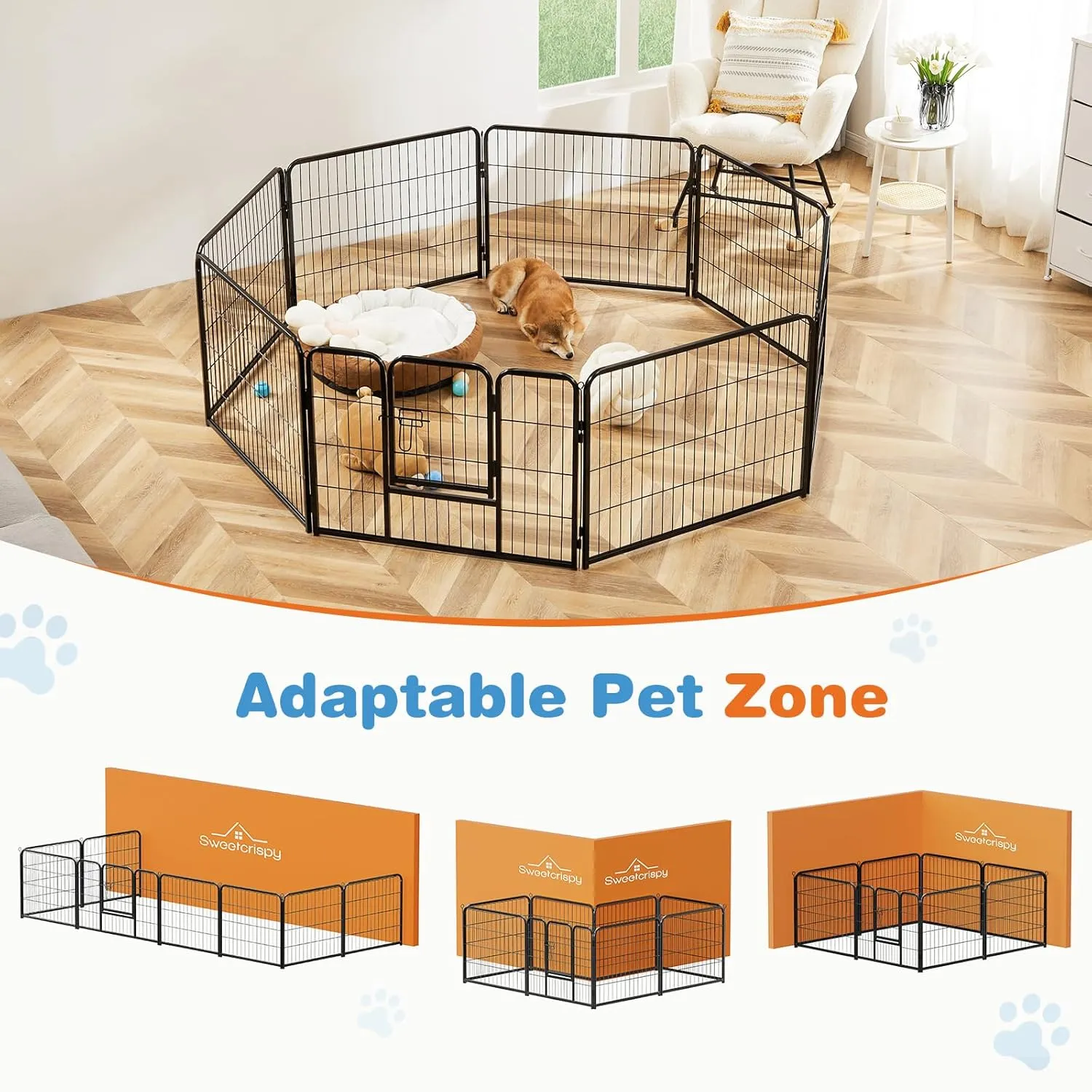 Sweetcrispy Dog Playpen Indoor - Pet Fence Puppy Exercise Pen for Yard Gate 8 Panel 24 Height Heavy Duty Crates with Doors Metal Dog Pen for Camping, RV, Outdoor, Small/Medium Pets