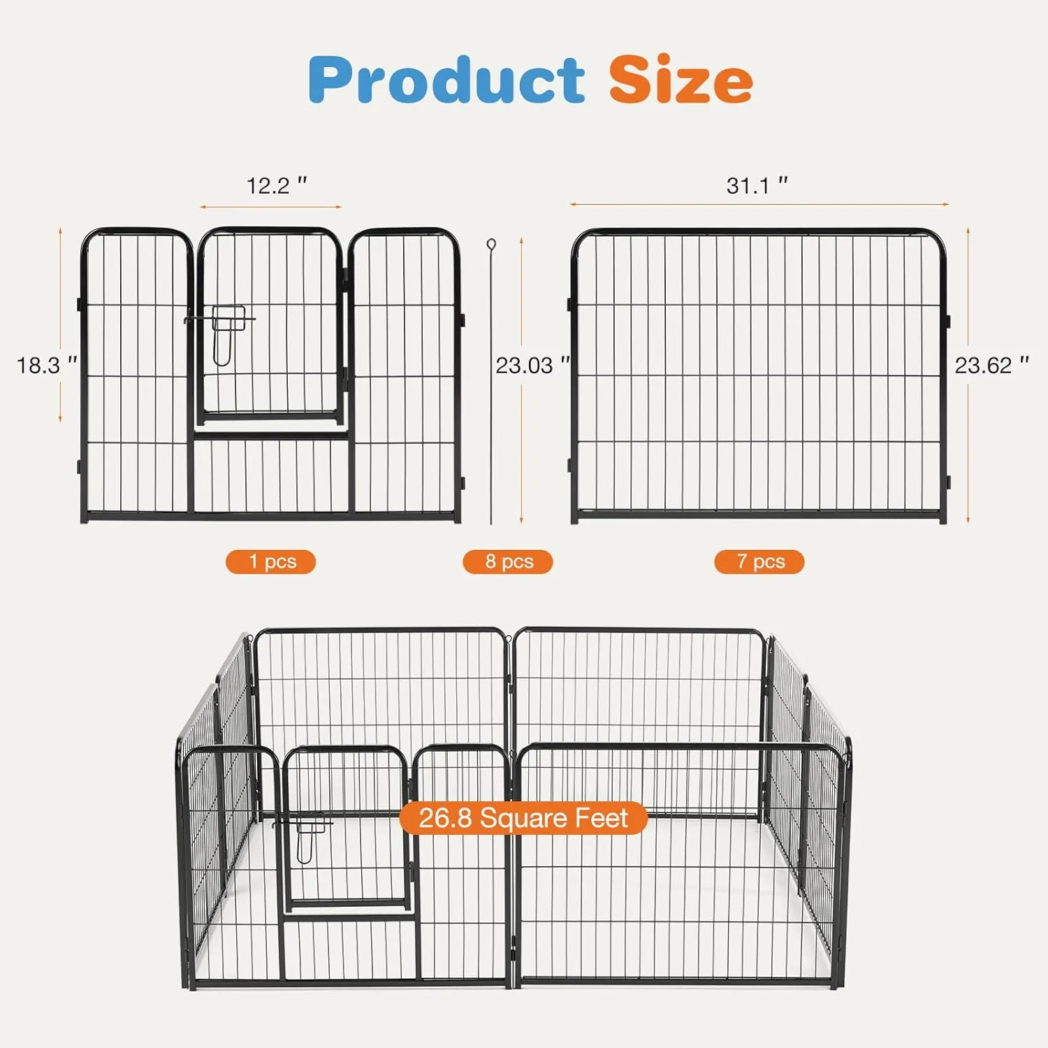 Sweetcrispy Dog Playpen Indoor - Pet Fence Puppy Exercise Pen for Yard Gate 8 Panel 24 Height Heavy Duty Crates with Doors Metal Dog Pen for Camping, RV, Outdoor, Small/Medium Pets