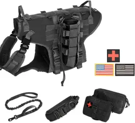 Tactical Dog Vest Harness and Training Dog Collar with Bungee Dog Leash Set No Pull Military Dog Harness with 2 Detachable and 1 Water Bottle Pouches for Outdoor Training Service, Black L