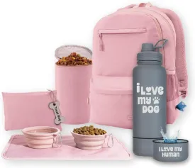 The Original Doggy Bag Backpack (Dusty Pink) & 32 oz Insulated Water Bottle with Attached 8 oz Bowl (I Love My Dog)  Dog Travel Backpack & Hydration Set