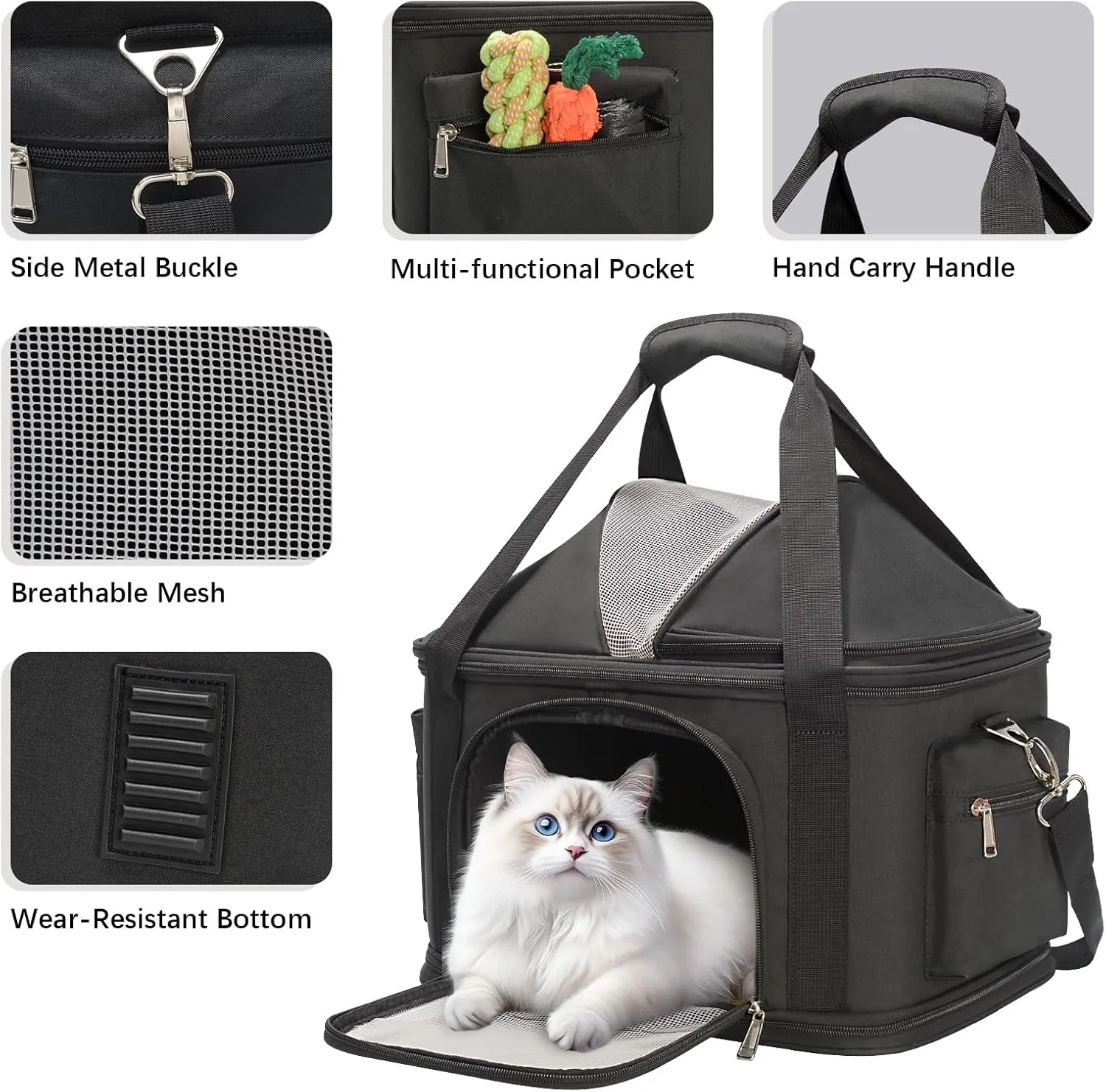 Top-Expandable Pet Dog Cat Carrier, Pet Bag for Small Medium Dogs Cats, Collapsible Ventilated Airline Approved Travel Soft-Sided Pet Puppy Carriers, Up to 15lbs (Grey, 16.2" x 11.4" x 13")