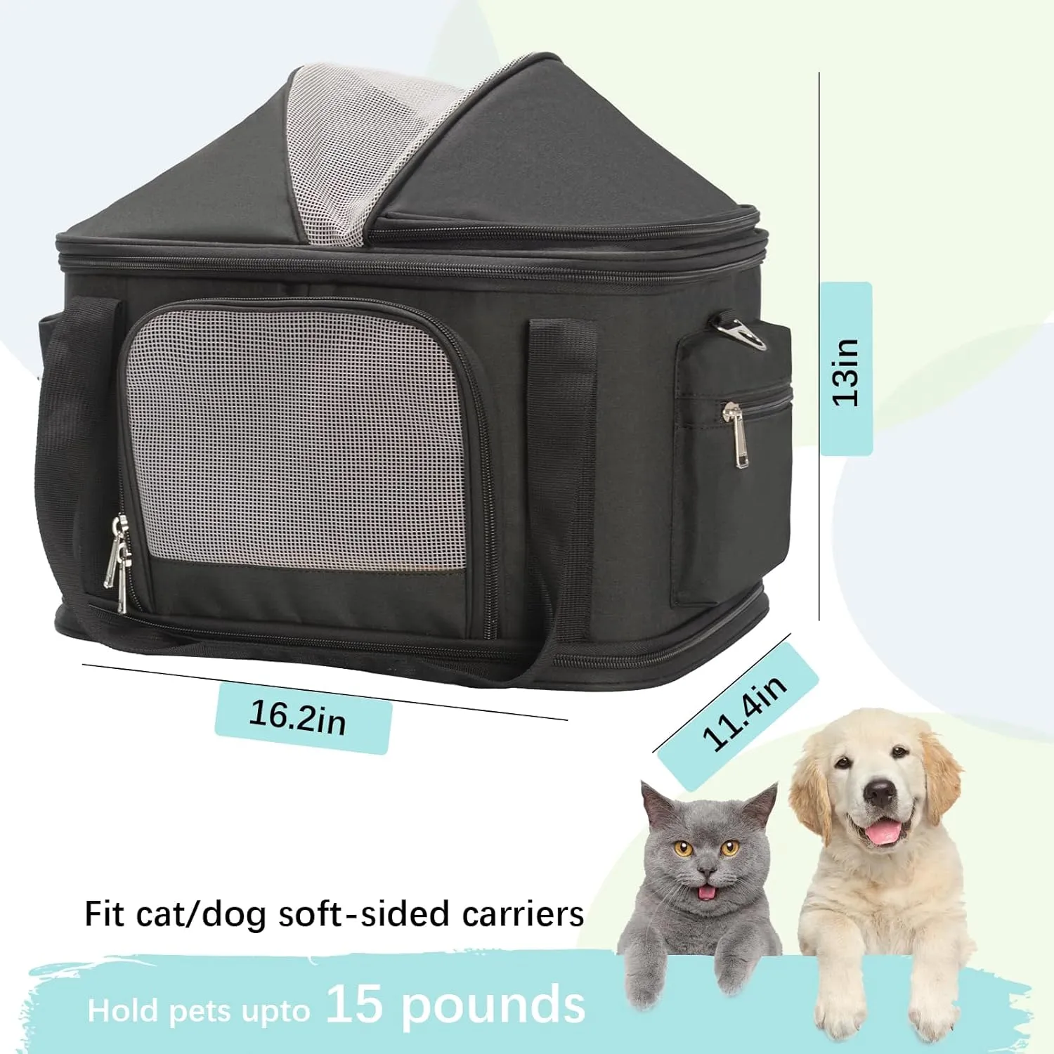 Top-Expandable Pet Dog Cat Carrier, Pet Bag for Small Medium Dogs Cats, Collapsible Ventilated Airline Approved Travel Soft-Sided Pet Puppy Carriers, Up to 15lbs (Grey, 16.2" x 11.4" x 13")