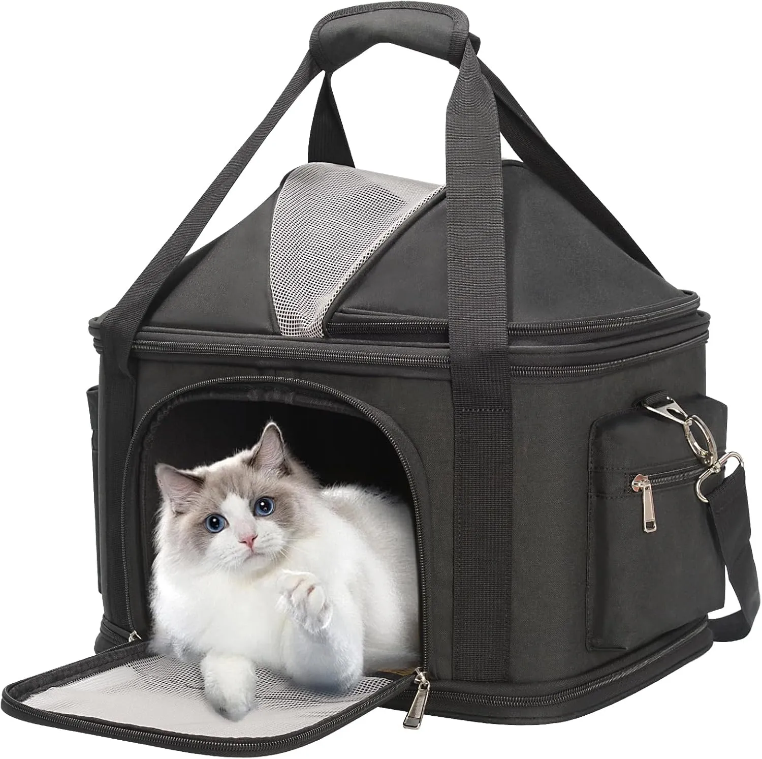 Top-Expandable Pet Dog Cat Carrier, Pet Bag for Small Medium Dogs Cats, Collapsible Ventilated Airline Approved Travel Soft-Sided Pet Puppy Carriers, Up to 15lbs (Grey, 16.2" x 11.4" x 13")