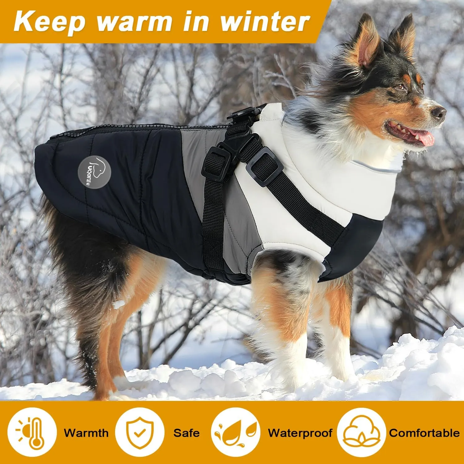 Warm Dog Winter Coat,Waterproof Dog Jacket with Built-in Harness,Dog Cold Weather Coat with Reflective Stripes,Winter Snow Dog Warm Coat for Small, Medium Dogs,Cold Weather Cozy (Black, L)