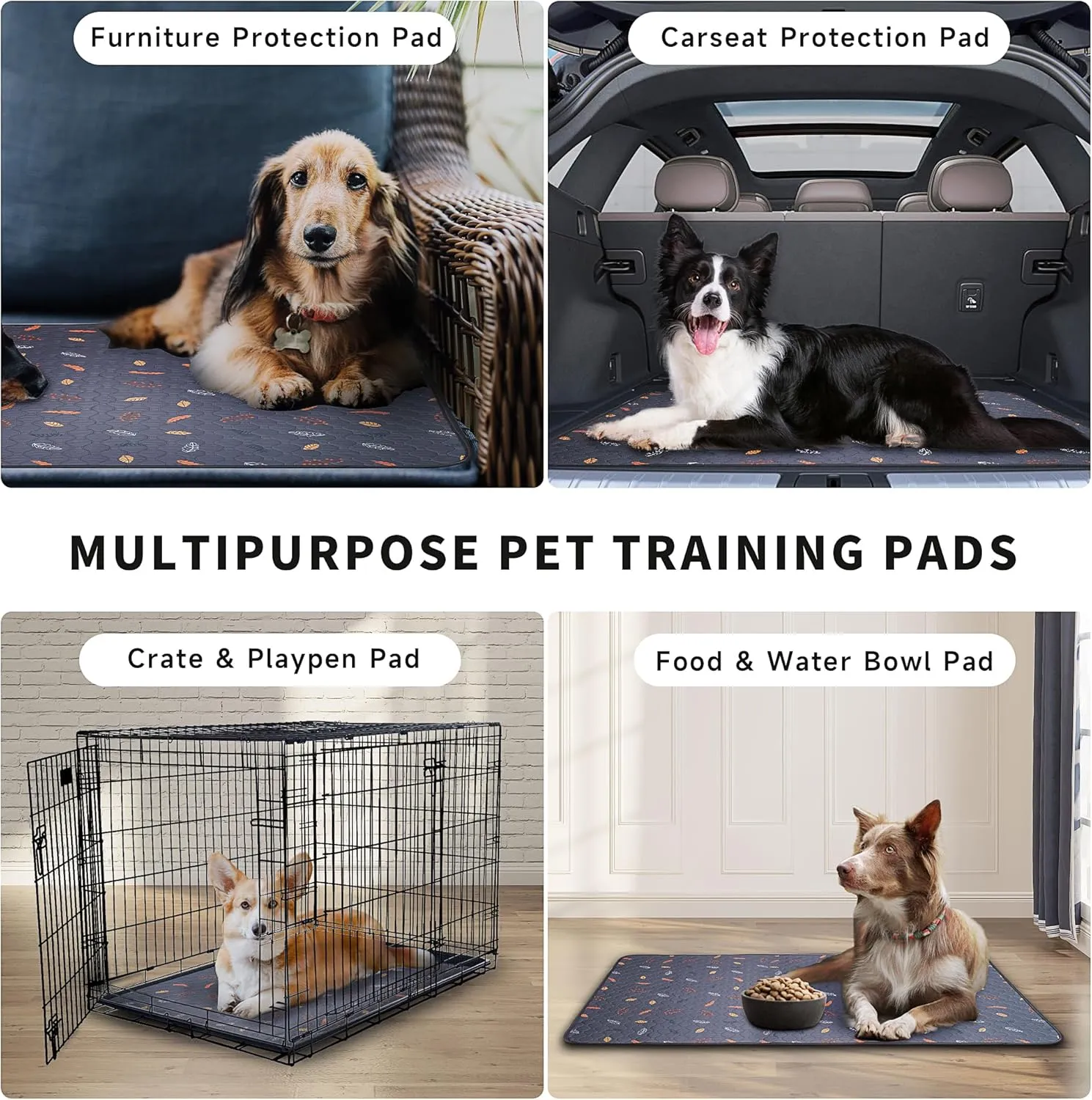 Washable Pee Pads for Dogs 2-Pack Reusable Puppy Pads Pet Training Pads, Waterproof Dog Pee Pads for Crate, Whelping Pad, Non-Slip Protects Against Urine Leakage (Leaves - Deep Grey, 24x36)