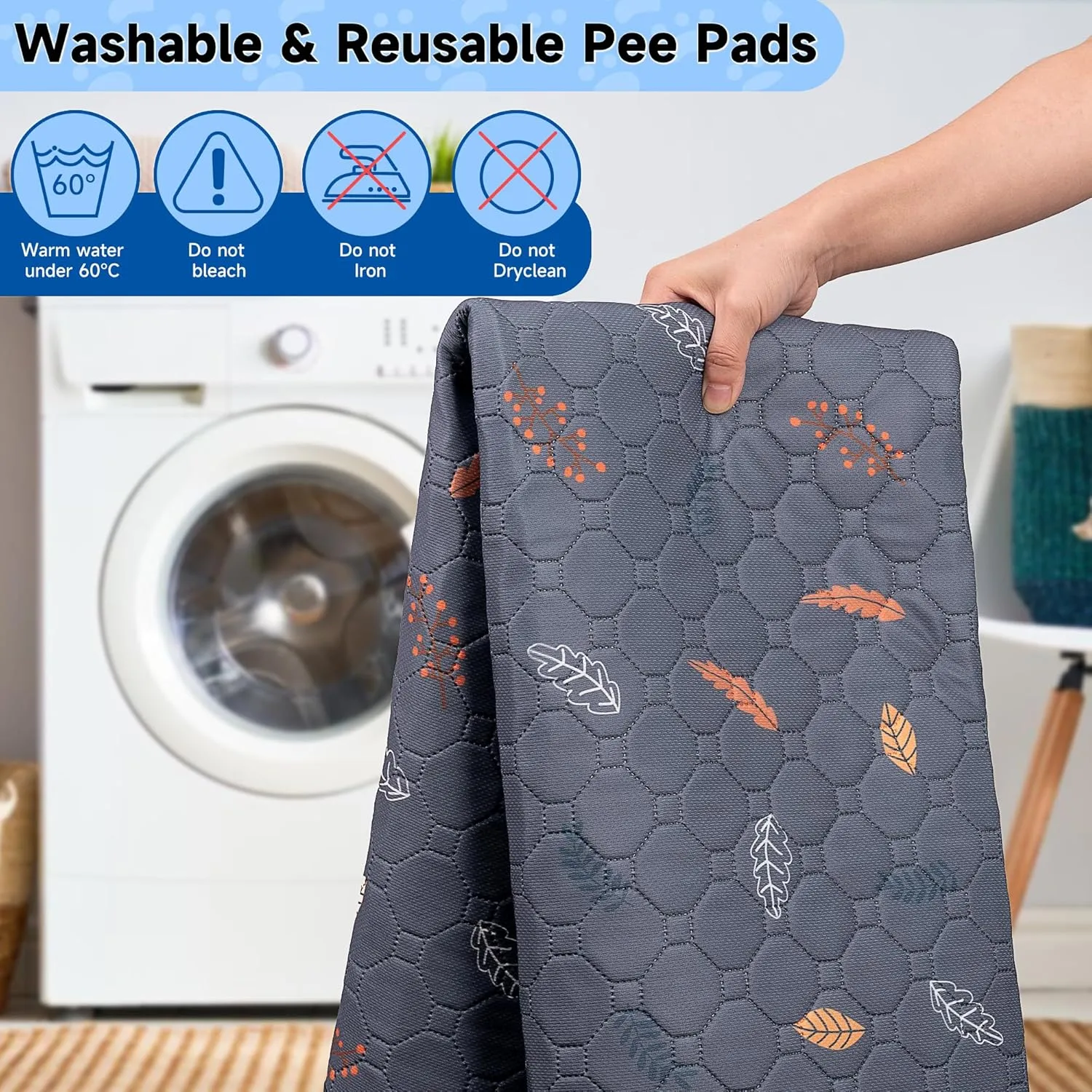 Washable Pee Pads for Dogs 2-Pack Reusable Puppy Pads Pet Training Pads, Waterproof Dog Pee Pads for Crate, Whelping Pad, Non-Slip Protects Against Urine Leakage (Leaves - Deep Grey, 24x36)