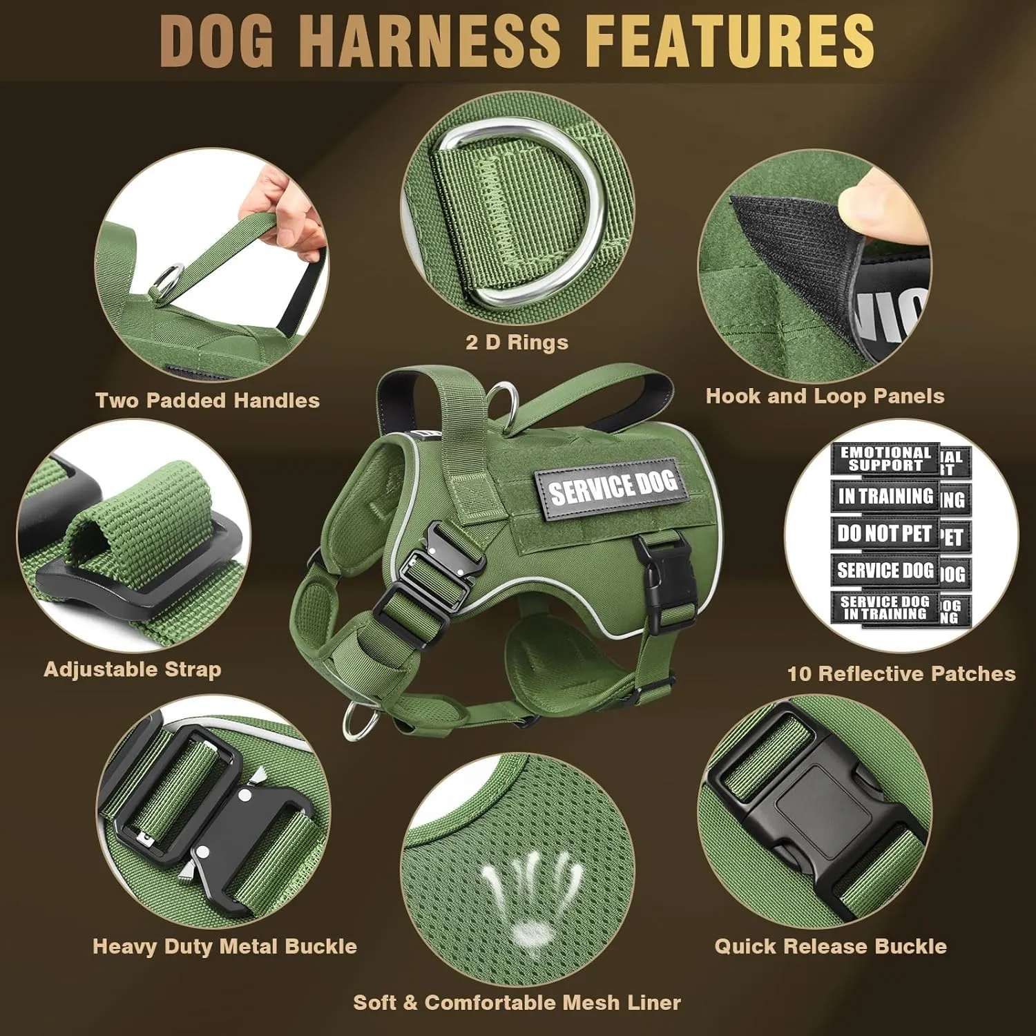 WINSEE Tactical Dog Harness for Large Dog, Heavy Duty Service Dog MOLLE Vest with 10 Pet Patches, No Pull Military Working Vest for Training Hunting Walking