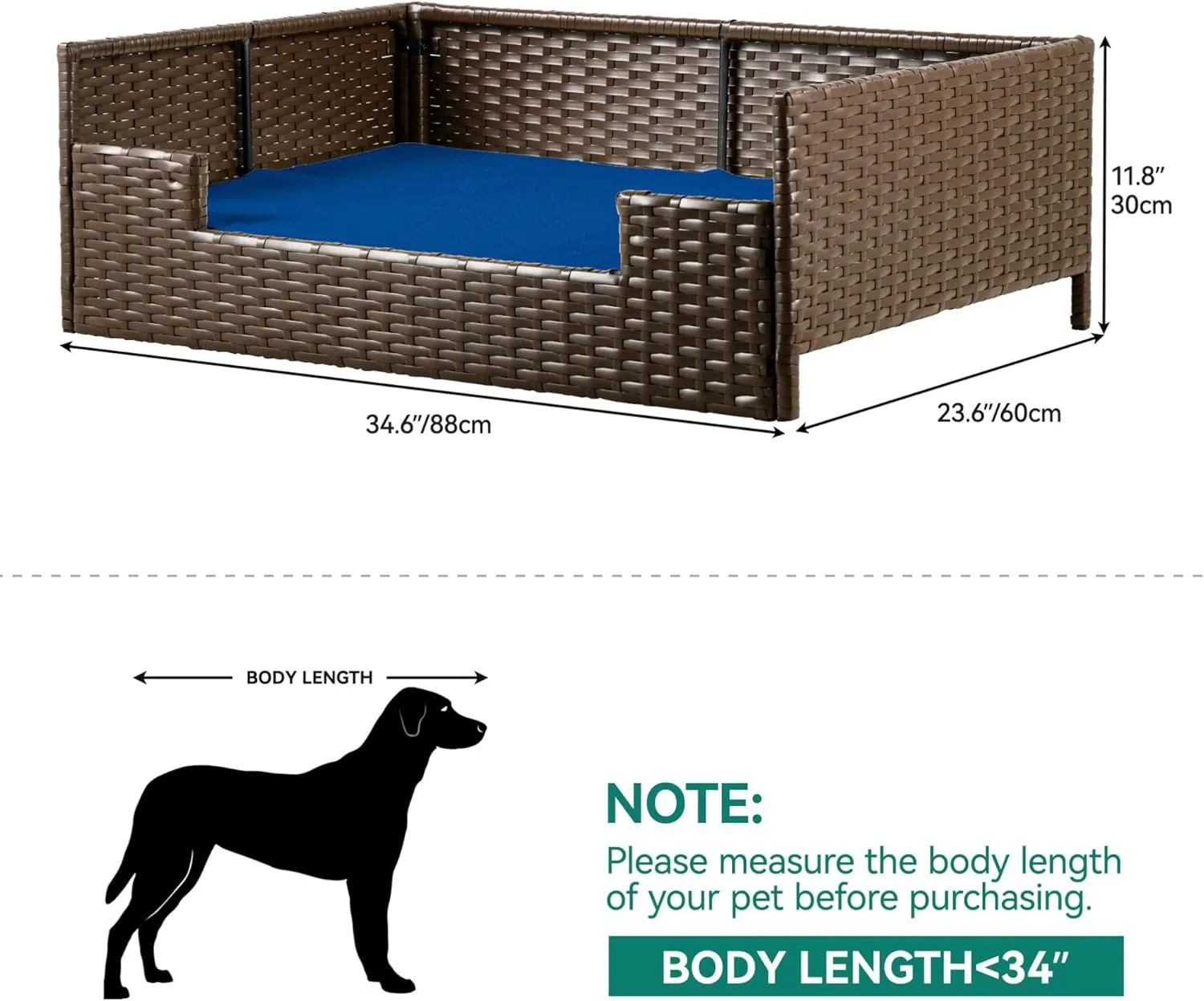 YITAHOME Rattan Dog Sofa Bed with Cushion,Wicker Pet Bed Sofa Couch Indoor Outdoor Water Resistant for Large Medium Small Dogs Cats (34.6''L*23.6''W*11.8'',Blue)