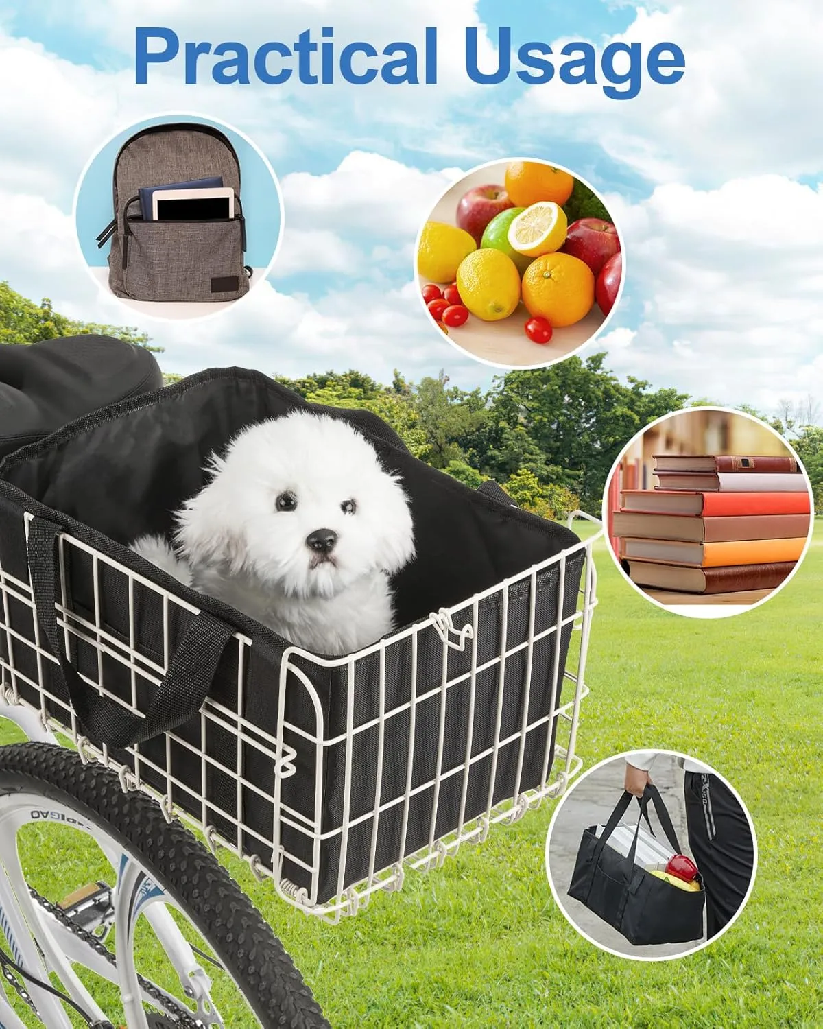 Zacro Bike Basket Front/Rear, Folding Bicycle Basket with Removable Liner Bag, Large Quick Release Design Metal Ebike Basket for Adult Women/Men Carrying Dogs, Pets, Fruit & Grocery