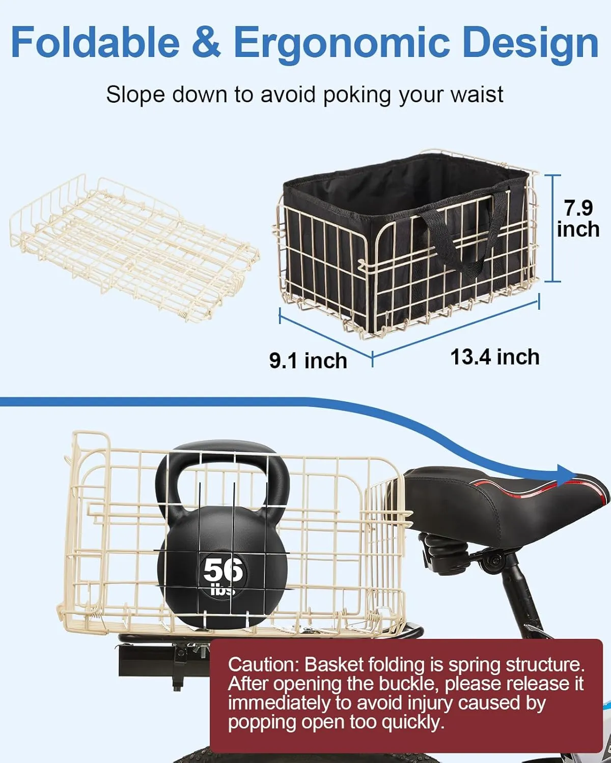 Zacro Bike Basket Front/Rear, Folding Bicycle Basket with Removable Liner Bag, Large Quick Release Design Metal Ebike Basket for Adult Women/Men Carrying Dogs, Pets, Fruit & Grocery